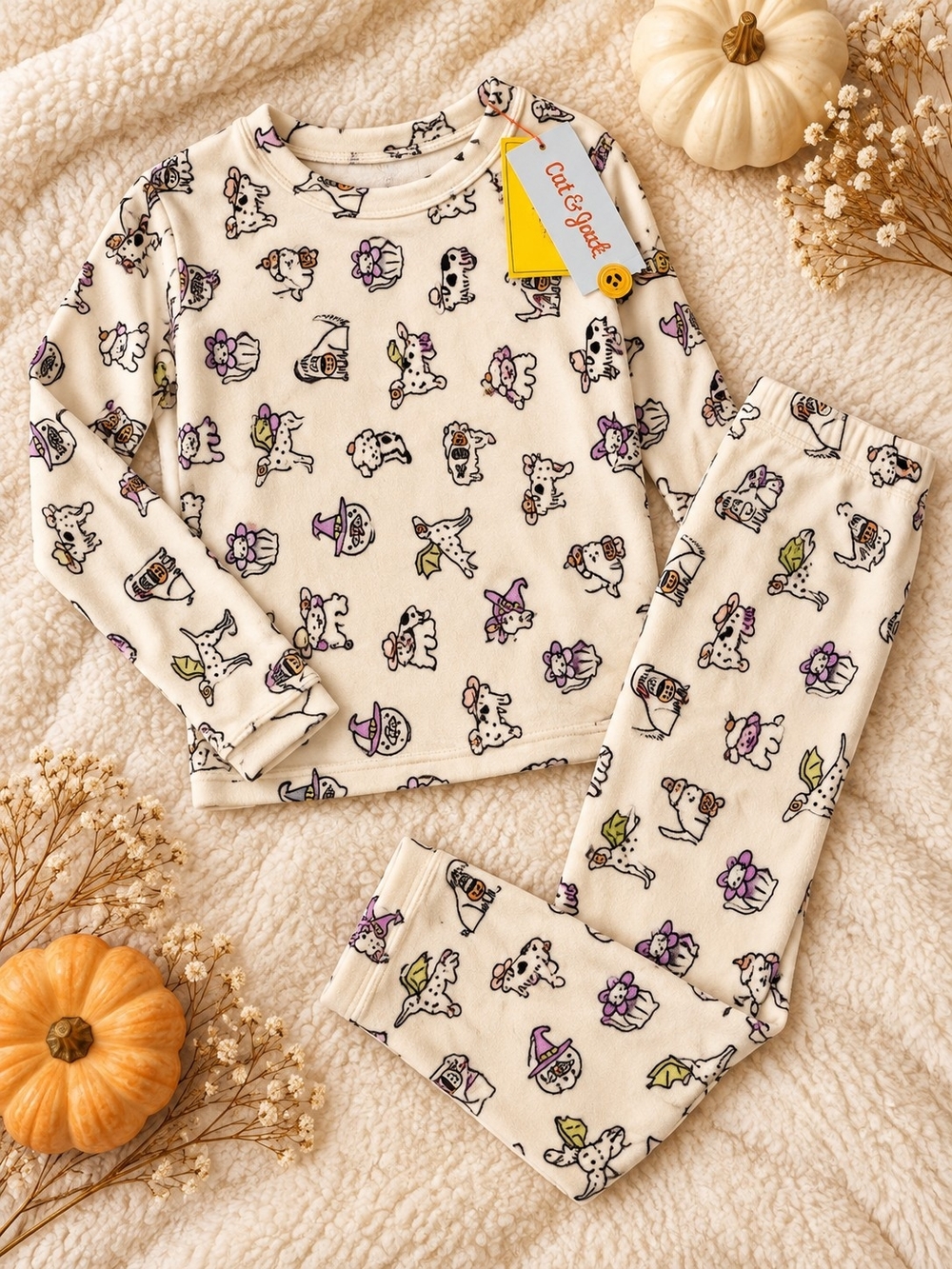 Cat & Jack 4T Halloween Pajama Set NWT Spooky Animal Pets Cream